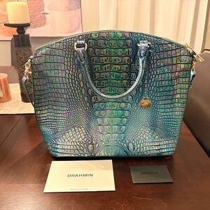 Brahmin Iridescent Teal Blue Croc-Embossed Satchel